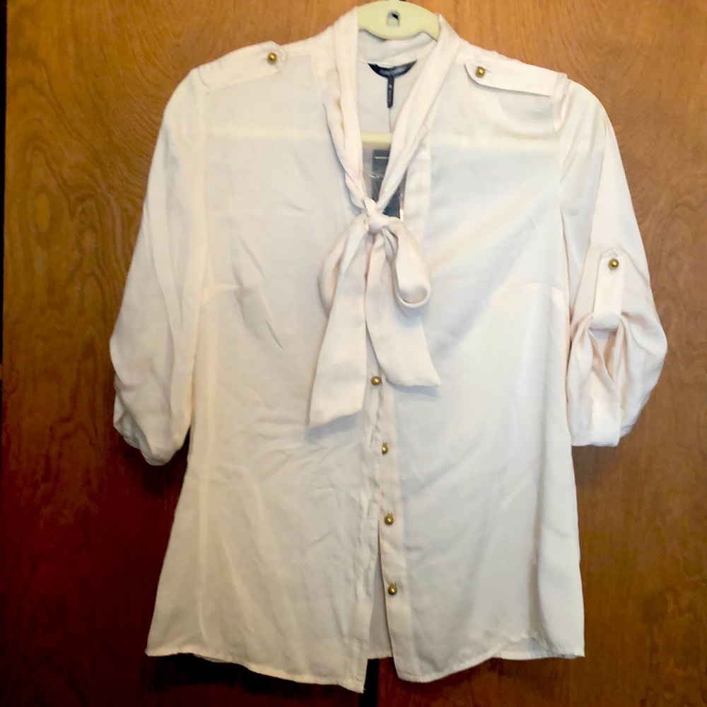 Daisy Fuentes sheer, lightweight dress top with tie-bow and buttons, S